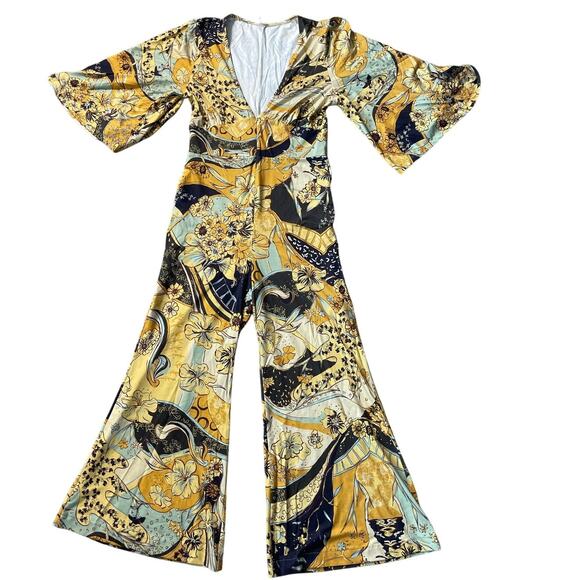 Free People Retro Night Fever Wide Leg Deep V-Neck Jumpsuit Size Medium - Picture 5 of 12